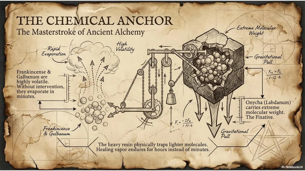 The Chemical Anchor: Labdanum's extreme molecular weight physically traps lighter medicinal molecules, anchoring healing vapor for hours instead of minutes