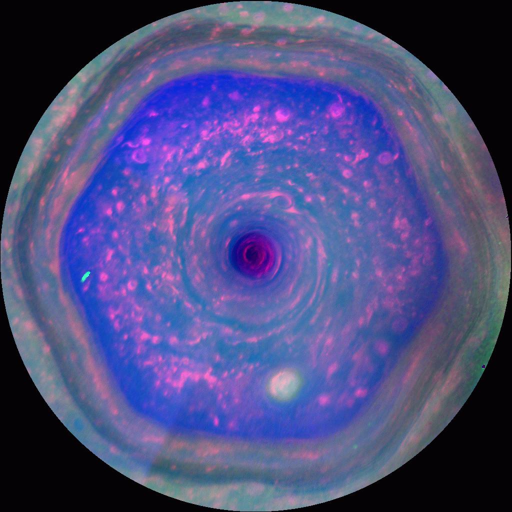 Saturnus' noordpool-hexagon, valse-kleurenfoto van Cassini
