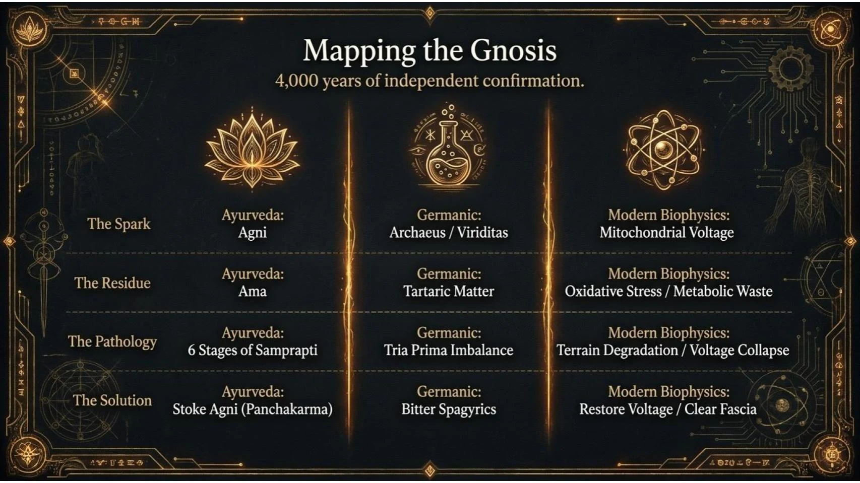 Mapping the Gnosis — 4,000 years of independent confirmation: Ayurveda, Germanic medicine, modern biophysics