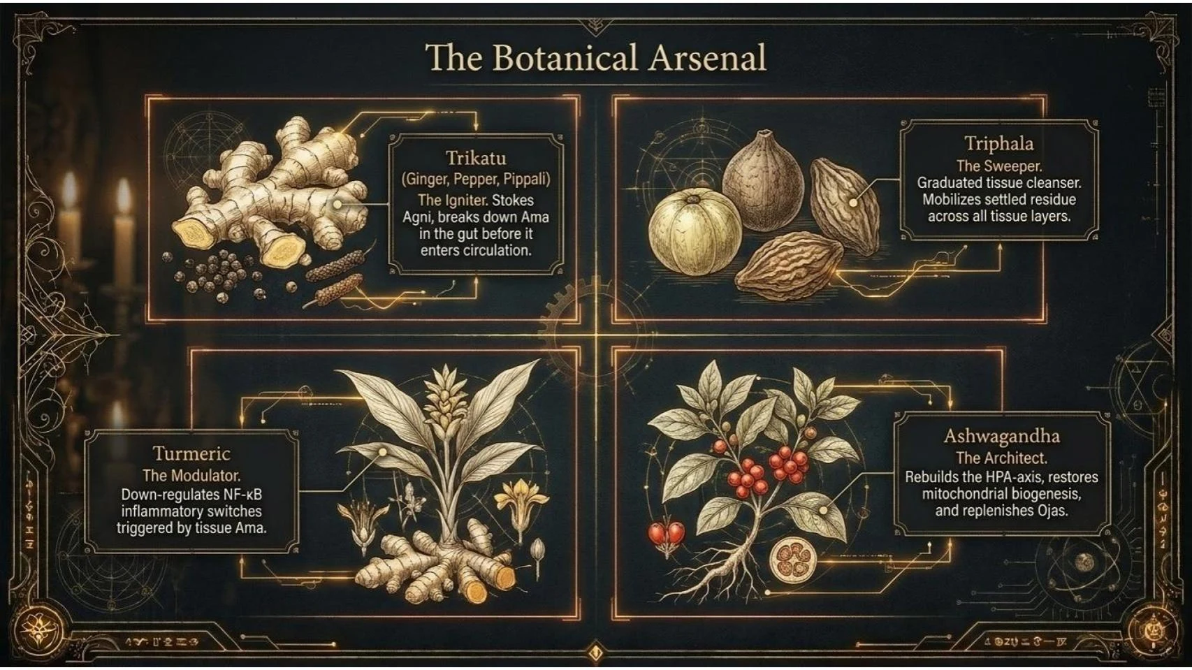 The Botanical Arsenal — Trikatu, Triphala, Turmeric, Ashwagandha