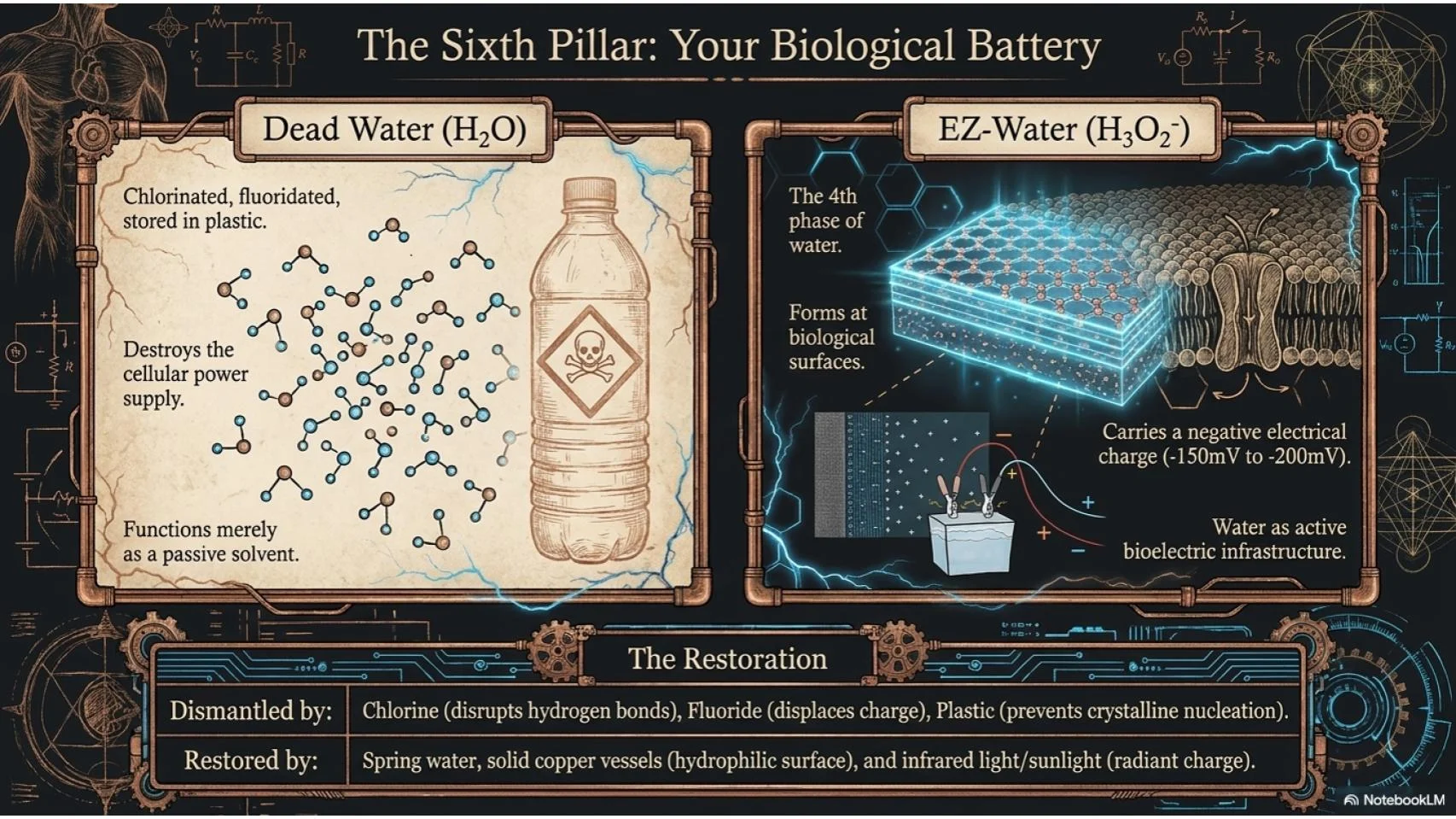 The Sixth Pillar — Dead Water vs EZ-Water, H3O2-, biological battery