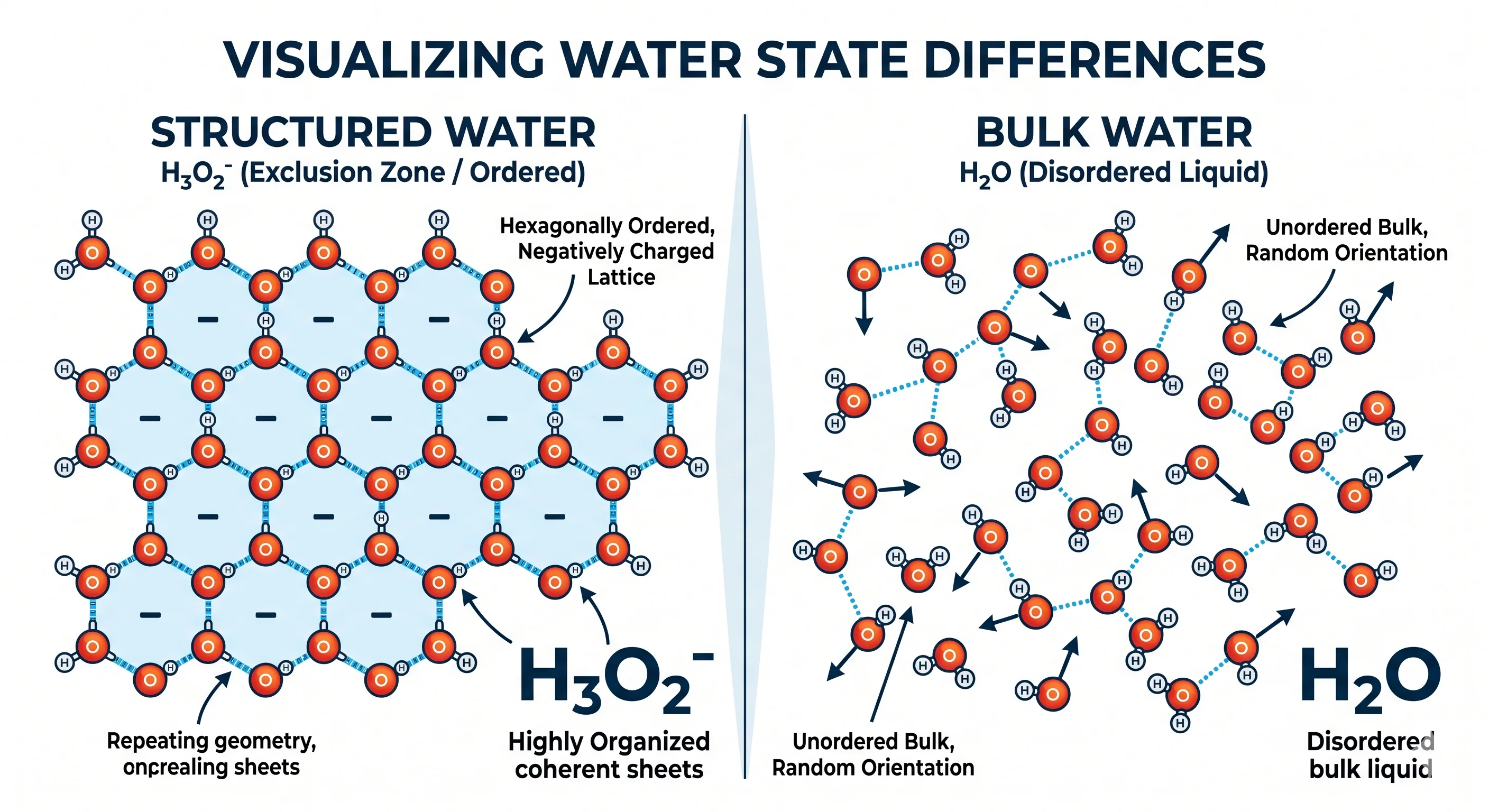 Structured water hexagonal lattice vs disordered bulk water — Pollack EZ-water visualisation