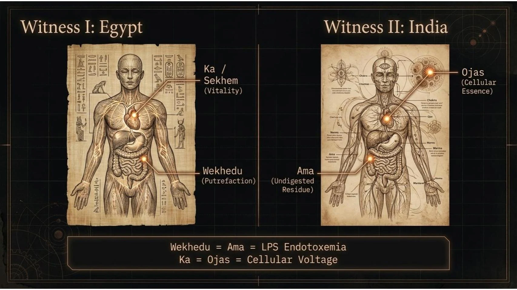 Witness I Egypt vs Witness II India — Ka/Sekhem/Wekhedu vs Ojas/Ama — Cellular Voltage vs LPS Endotoxemia