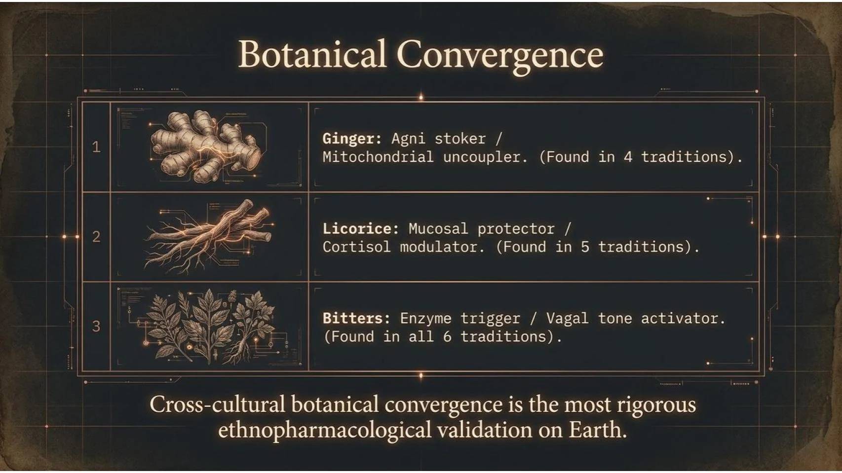Botanical Convergence — Ginger, Licorice, Bitters found independently in 4, 5 and 6 traditions — cross-cultural ethnopharmacological validation