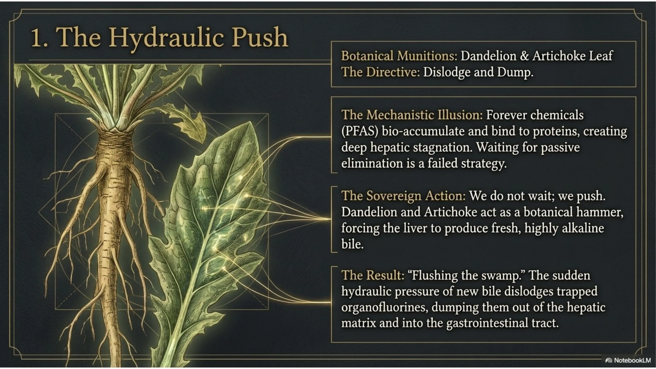 Step 1: The Hydraulic Push — Dandelion and Artichoke Leaf, bile activation